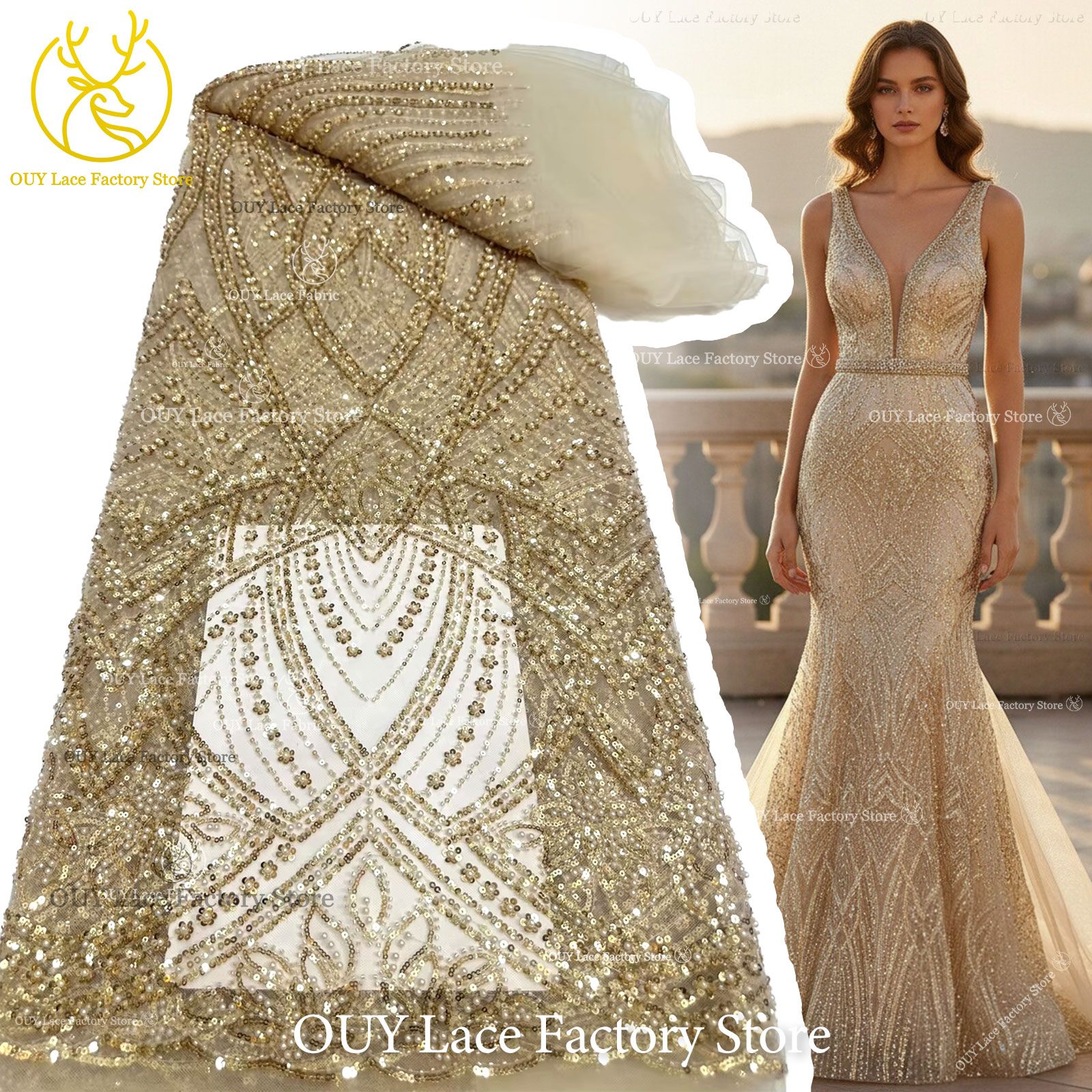 African Gold Beaded Lace Fabri - Glitter Tablecloth ulasan dan harga